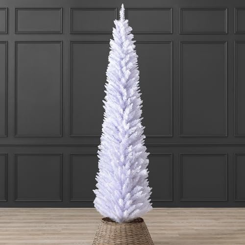 Christow White Pencil Christmas Tree 7ft, Artificial Slim Spruce, Modern Indoor Xmas Decoration, Lifelike Forked Branches with PVC Needles, Easy Assembly with Stand, Tip Count 401 (skirt not included)