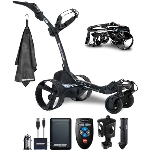 MGI Zip Navigator All-Terrain Remote Controlled Electric Motorized Push Cart Golf Caddie | Includes Drink, GPS/Phone, and Umbrella Holders | with Signature Series Power Bundle & Golf Towel