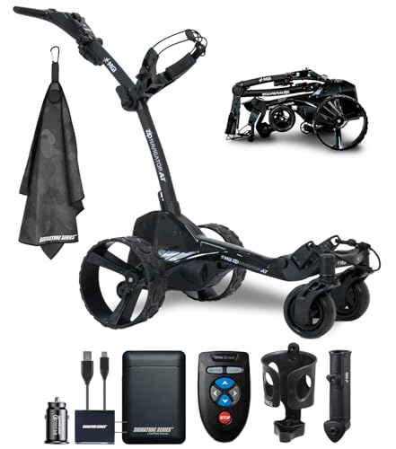MGI Zip Navigator All-Terrain Remote Controlled Electric Motorized Push Cart Golf Caddie | Includes Drink, Scorecard, and Umbrella Holders, Multi-Purpose Clip | with Signature Series Golf Towel