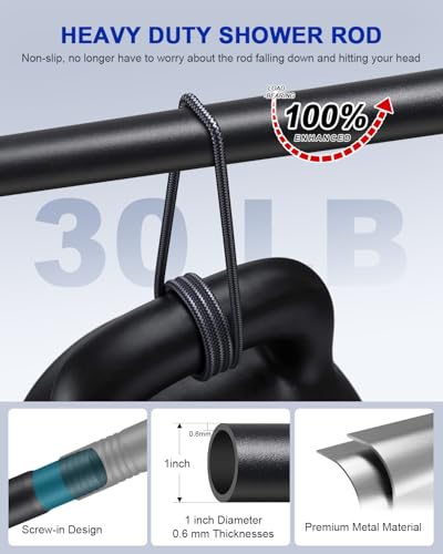 Image of Black Shower Curtain Rod, Adjustable for Bathroom 48-64 Inch, Heavy Duty Non-Slip Wall Mount, 1 inch Diameter Shower Rod with Rustproof Coating