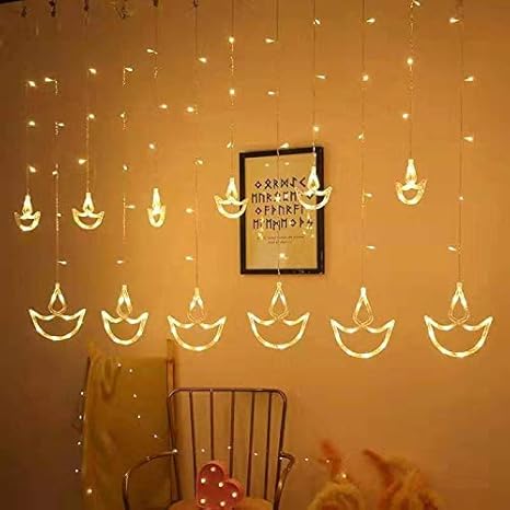 Darshan Online 12 Diwali Hanging Diya Set 138 LED Curtain String Lights, Window Curtain Lights with 8 Flashing Modes Decoration for Christmas, Wedding, Party, Navratri, Diwali, Home Decor, Patio Lawn,Yellow (6 Big + 6 Small = 12 Diyas)