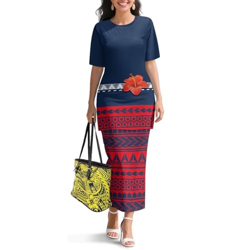 Image of Puletasi Polynesian Tribal Clothing Two Piece Skirt Set for Women Outfits Short Sleeve Top High Waist Midi Skirt