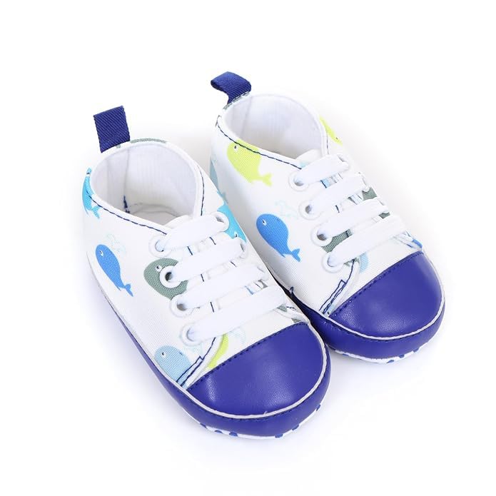 Baby Boys & Girls Soft Cotton Canvas Booties with Matching Ankle Socks | Anti-Skid Soft Sole | First Walker Crib Shoes | Lightweight & Comfortable Infant Footwear | Blue Whale Print | 3-6 Months-image-48