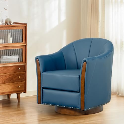 Image of 360 Swivel Accent Chair, Modern Leather Barrel Club Chair with Leather Upholstery and Sturdy Wood Base, Comfortable Armchair for Living Room, Bedroom, Reading Nook, Blue