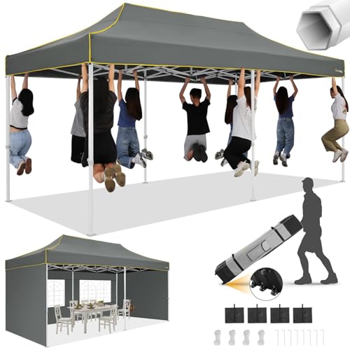 Image of HOTEEL 10x20 Heavy Duty Pop Up Canopy Tent with 4 Sidewalls, Commercial Outdoor Canopy Tents for Parties Event Wedding with Roller Bag, Waterproof & UV 50+, Upgraded Thickened Hexagonal Legs, Gray