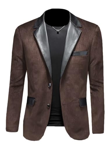 Mens Fashion Leather Contrast Collar Blazer Slim Fit Suede Single Breasted Jacket for Winter Evening Dark Coffee XL