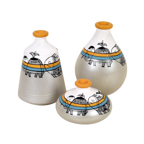 Image of Aakriti Art Creations Mystic Madhubani Vessel Set of 3 | Grey Terracotta Flower Vases | Matte Finish Decorative Vases for Living Room, Table Decor & Gifting