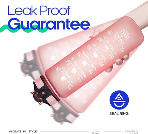 Image of TEKCOOL Motivational 1L Capacity Pink Plastic Bottle with Straw | Leakproof, Durable, BPA-Free | Ideal for School /College /Office /Travel, Sports /Outdoor Activities'