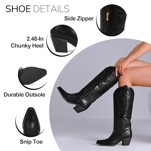 Image of Tscoyuki Cowboy Boots for Women: Embroidered Western Knee High Boots Women - Pointed Toe Chunky Heel Cowgirl Tall Boots