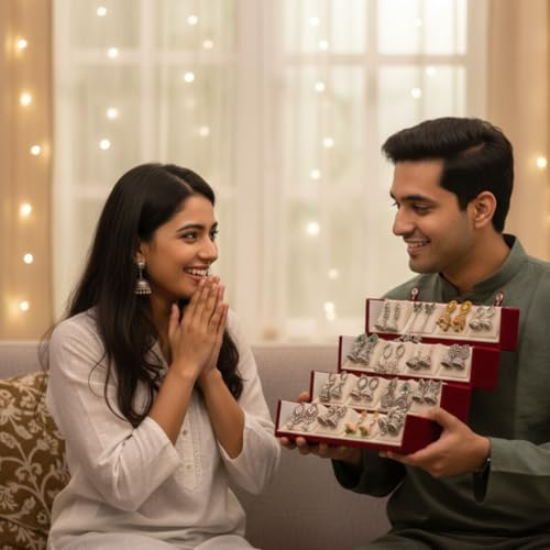 Image of Oxidised Silver Look Jhumka Earrings Box for Women | 16 Pairs Traditional Ethnic Jhumki Combo Gift Hamper with Velvet Box | Festive Wedding Jewellery | Gift For Women