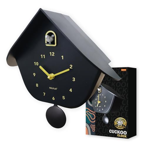 WALPLUS Black Matte Cuckoo Wall Clock 32.4 x 32.5 cm Battery Operated Clock with Bird Pendulum and Chime for Living Room Kitchen Bedroom