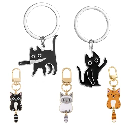 CJAPGJW 5 Stück Schlüsselanhänger Katze mit 3 Designs, Süße Katzen Taschenanhänger für Damen, Lustige Schwarze Katze Keychain Cute für Katzenliebhaber, Halloween Geschenk, Paare und Tierfreunde
