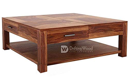 Image of DRIFTINGWOOD Sheesham Wood Borstein Center Coffee Table for Living Room | One Shlef & 4 Drawer | Natural Finish