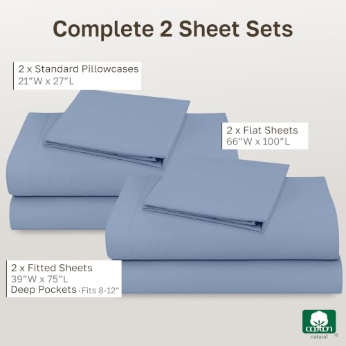 Image of California Design Den 100% Cotton Pack of 2 Twin Size Bed Sheets, Soft & Durable Twin Sheet Sets Cotton with 12 inch Pockets, Twin Sheet Set with Sateen Sheets (Blue Hydrangea)