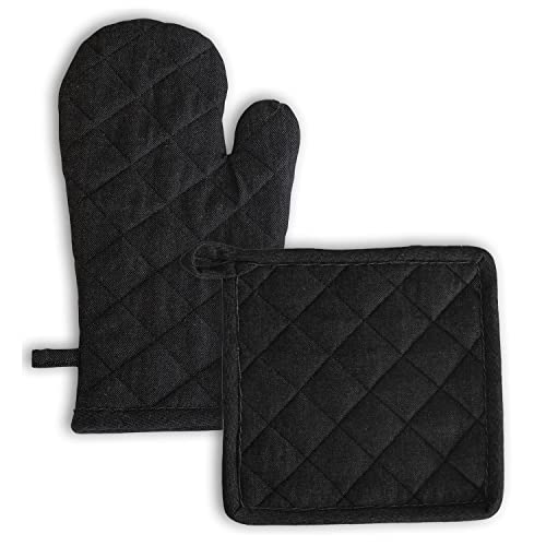 Image of 1 Oven Mitts and 1 Pot Holders Set-Cotton Heat Resistant Pot Stand and Kitchen Gloves-Heat Proof-Free Size-Combo Set (Black)