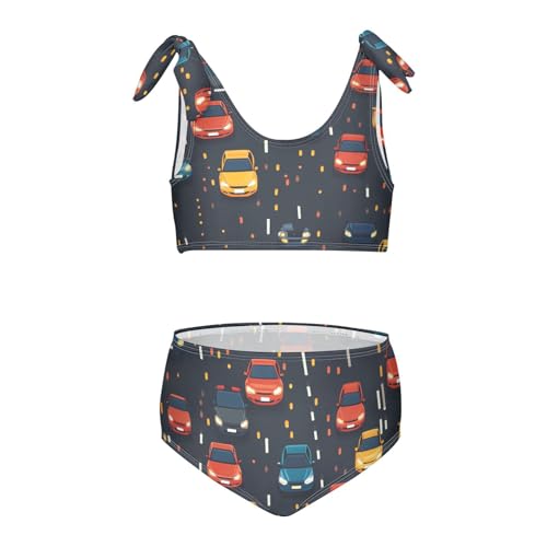 KLL Cute Pattern Cars Road Girls' Two Pieces Bikini Set Quick-Dry Swimsuits Swimwear Adjustable Strap
