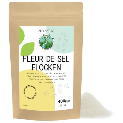 Alpi Nature Flor de Sal en Cristales 400g, Copos de Sal Marina 0.5-2 mm, Fleur de Sel de Sudáfrica para Cocina Gourmet