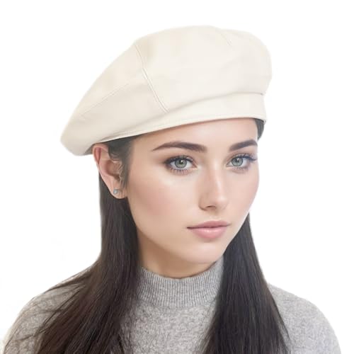 AICHUAN PU Leather French Beret Hat, 6 Panel Newsboy Cabbie Beanie Cap Cute Artist Painter Hat for Women Beige