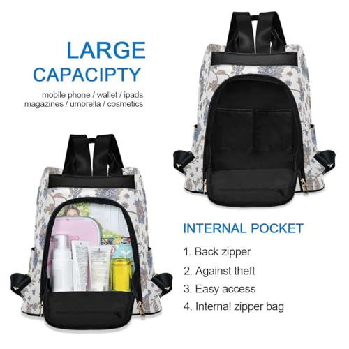 Sac à dos imprimé floral bleu à poches multiples et porte-clés pompon chic