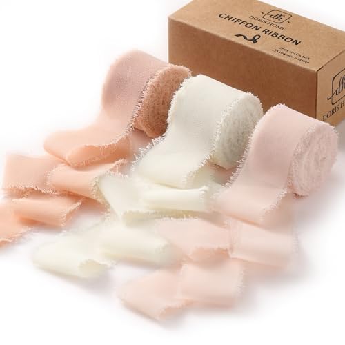DORIS HOME Pink and Cream Chiffon Ribbon for Flower Bouquet 1 x21Yd Fabric Ribbon for Gift Wrapping Handmade Frayed Ribbon for Wedding Invitations/Christmas Decorations