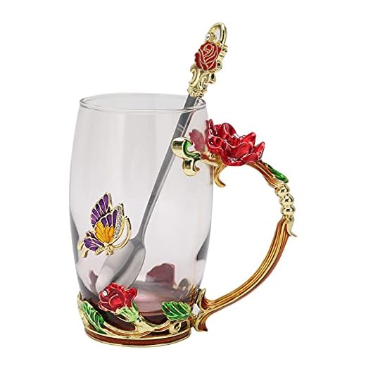 Blomma Tekopp Emalj Hantverk Kaffemugg Värmebeständig med Sked Duk Presentförpackning Glasvaror Dryckesartiklar för Födelsedagsfest Fest Hemmakontor Skola(Röd ros 350ml)