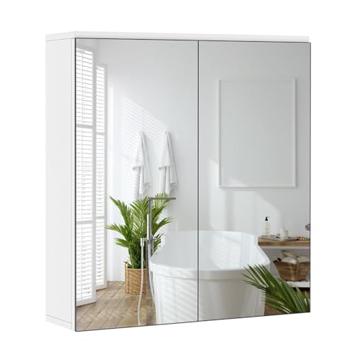 Yaheetech Specchio Contenitore Bagno con 2 Porte Ripiano Regolabile Salvaspazio Bianco 65 x 63 x 15 cm Armadietto Bagno Mobiletto Specchiera Armadio da Parete per Soggiorno Cucina