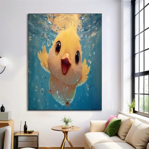 Impression sur toile style animé mignon canard jaune 70x100 cm pour illuminer un mur sombre
