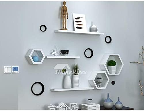 Wooden World Floating Wall Mounted Set of 6 Hexagonal Shelves, Honeycomb Wall Shelf, 6 Hexagon with 3 Shelves for Living Room. (White)
