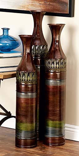 Deco 79 Metal Cylinder Vase With Laser Cut Antefix Design, Set Of 3 34", 31", 28"H, Bronze #TOP1