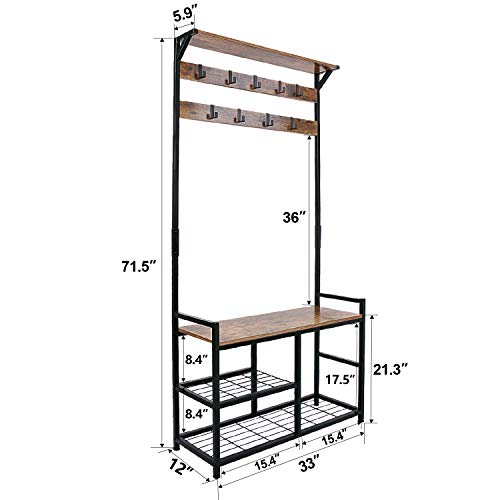 Homekoko Coat Rack Shoe Bench, Hall Tree Entryway Storage Bench, Wood Look Accent Furniture With Metal Frame, 3-In-1 Design (Rustic Brown) #TOP2
