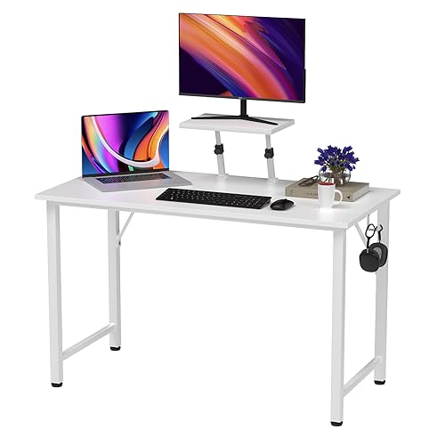 Wohenster Escritorio Ordenador con Soporte Monitor +1 gancho, Mesa Ordenador Portatil Madera, Blanco Escritorios con Patas Metálicas Estables 100x50cm Mesa Gaming para Oficina Despacho y Sala de Estar