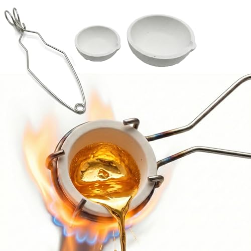 quancifang 3 Stück Gold Schmelzen Set Quarz 2800F/1537C Hitzebeständig Mit Tiegelzange 100g + 250g Konische Seitenwände Mit Ausguss Schmelzofen Für Metall Schmelztiegel Metall Gold Test Set