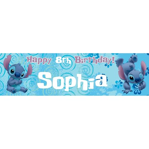Disney Stitch Personalised Birthday Banner for Girls – Custom Name and age Party Decoration, Large 4.5ft x 1.3ft (140cm x 40cm), Stitch Theme Party Backdrop for Kids