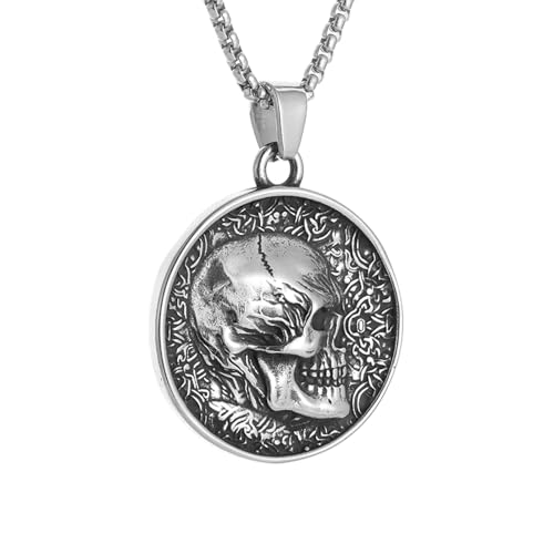 Collier homme vintage avec pendentif tête de mort double face sculptée