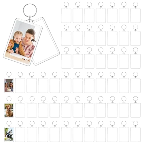 COMNICO 60Pcs Photo Keychain (2 x 3inch) Acrylic Clear Picture Frame Keychain Blank Photo Insert Keyring DIY Craft Personalised Favor Graduation Gift, Family Friends Photoes Collection Gift