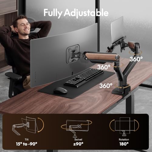 Image of FlexiSpot Laptop Mount, Dual Monitor Arm with Laptop Tray, Fits Up to 49 Inch Monitor and 17.3 Inch Notebook, Full Adjustable Gas Spring Holds up to 44lbs per Arm for Office & Home, Wood Grain