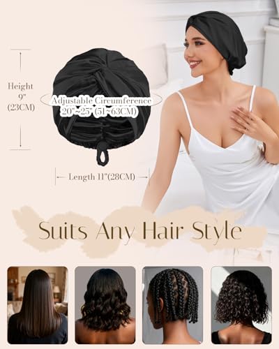 HFRHTGY Adjustable Silk Satin Hair Bonnet for Sleeping Women Hair Wrap, Double Layer Night Turban, Sleep Cap for Natural Curly Straight Unisex - Black — view 6