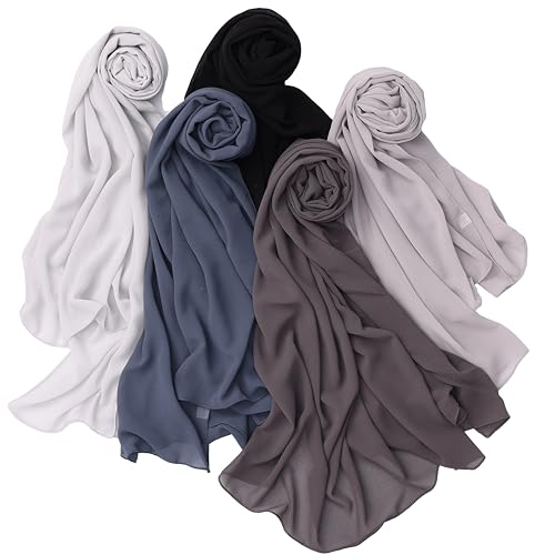 NOOR Chiffon Hijab Set for Women - Pack of 5 Lightweight Non-Slip Scarves, Premium Breathable Fabric, Elegant Draping for Everyday Wear, Versatile Styling, Gift-Ready Packaging (Mix Colors 15)