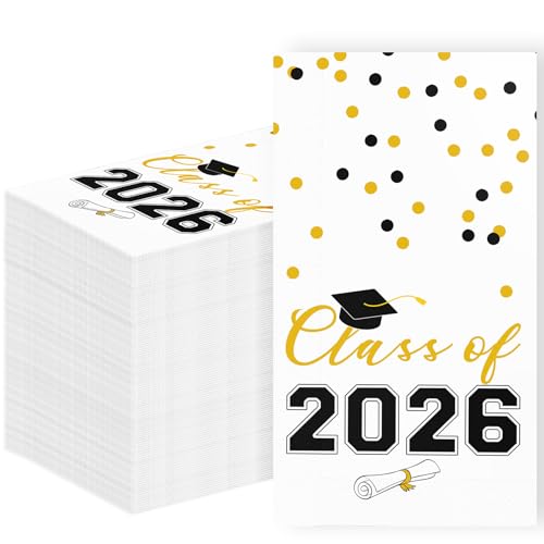 2026 Graduation Disposable Paper Napkins Guest Dinner Hand Towels for College School Grad Class Congrats Celebration Cocktail Party Decorations (80 Black & Gold)