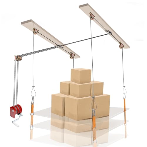 Heavy Duty Overhead Garage Storage Pulley Lift System, 300LBS Load Capacity, Ceiling Mounted Rack with Adjustable Height, for Bikes, Boxes and Bins, Home Garage Organization Not Include Racks