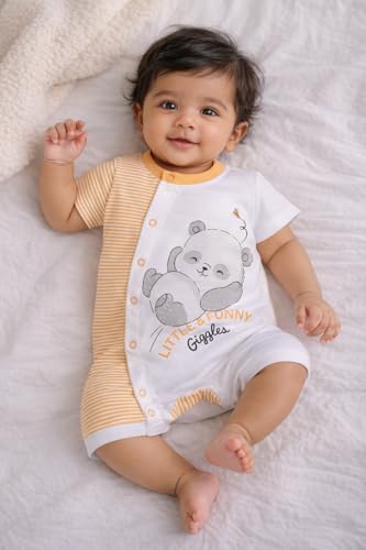 Image of BABY GO Baby Boys & Baby Girls Cotton Romper | Half Sleeve Polo Collar Jumpsuit | Newborn Infant Summer Outfit with Button Closure | Soft Breathable Playsuit | Stylish Print One Piece Dress