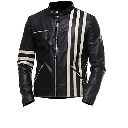 Mens Cafe Racer White Stripes Leather Jacket Classic Casual Biker Slim-Fit