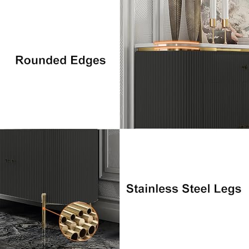 Image of Modern Console Table, 55 x 15 x 30 inch, White Ribbed Design, Marble Top, Gold Accents, 4-Door Storage Cabinet, Waterproof Plywood, PVD-Coated Legs, Elegant Entryway (Black)