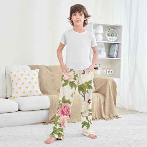 Crane Birds Peony Boys Long Pants Soft Trousers Elastic Waist Kids Lounge Bottoms with Pockets S-XL 5