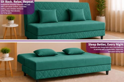 Image of Deco Studio 3 Seater Sofa Bed | Premium Upholstered Velvet Fabric Folding Couch for Living Room, Guest Room & Bedroom | Quilted Backrest with 2 Cushions (Green)
