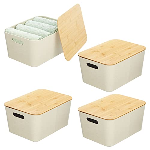 Mdesign Modern Fabric Covered Basket With Lid - Stacking Decorative Storage Bin Box With Bamboo Cover For Closet, Living Room, Kitchen, Office Shelf - Holders For Clothing/Accessories, 4 Pack, Cream #TOP5