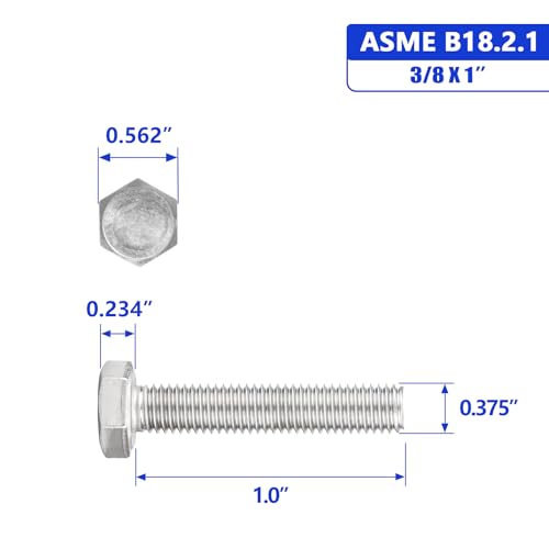 Image of 3 /8-16 x 1 inch Hex Head Screw Bolt, 304 Stainless Steel 18-8, Full Thread, Coarse Thread UNC, ASME B18.2.1, 10 Pcs-Pack