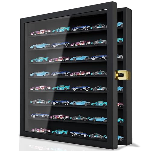 Image of Large Display Case for 1 /64 Scale Model Cars, Wall-Mounted or Freestanding Wood Display Cabinet for Hot Wheels, Rocks, Challenge Coins, Mini Toys, Minifigures, UV Protection Shadow Box, Black