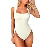 EMOTTOS Body sexy à col carré pour femmes, Slim Fit Casual Sleeveless Ribbed Tank Tops, Body à encolure carrée pour femmes, Sexy Stripe Jumpsuit For Women, noir/beige, S/M/L/XL
