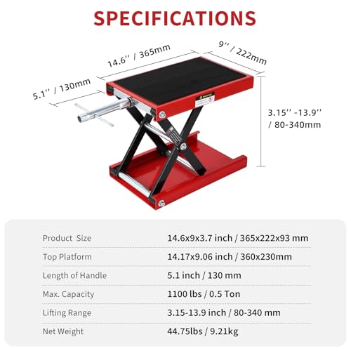 GarveeTech Motorcycle Lift, 1100 LBS Motorcycle Scissor Lift Jack with Wide Deck & Safety Pin, 3.15"-13.39" Center Hoist Crank Stand, Steel Scissor Jack for Street Bikes, Touring Motorcycles